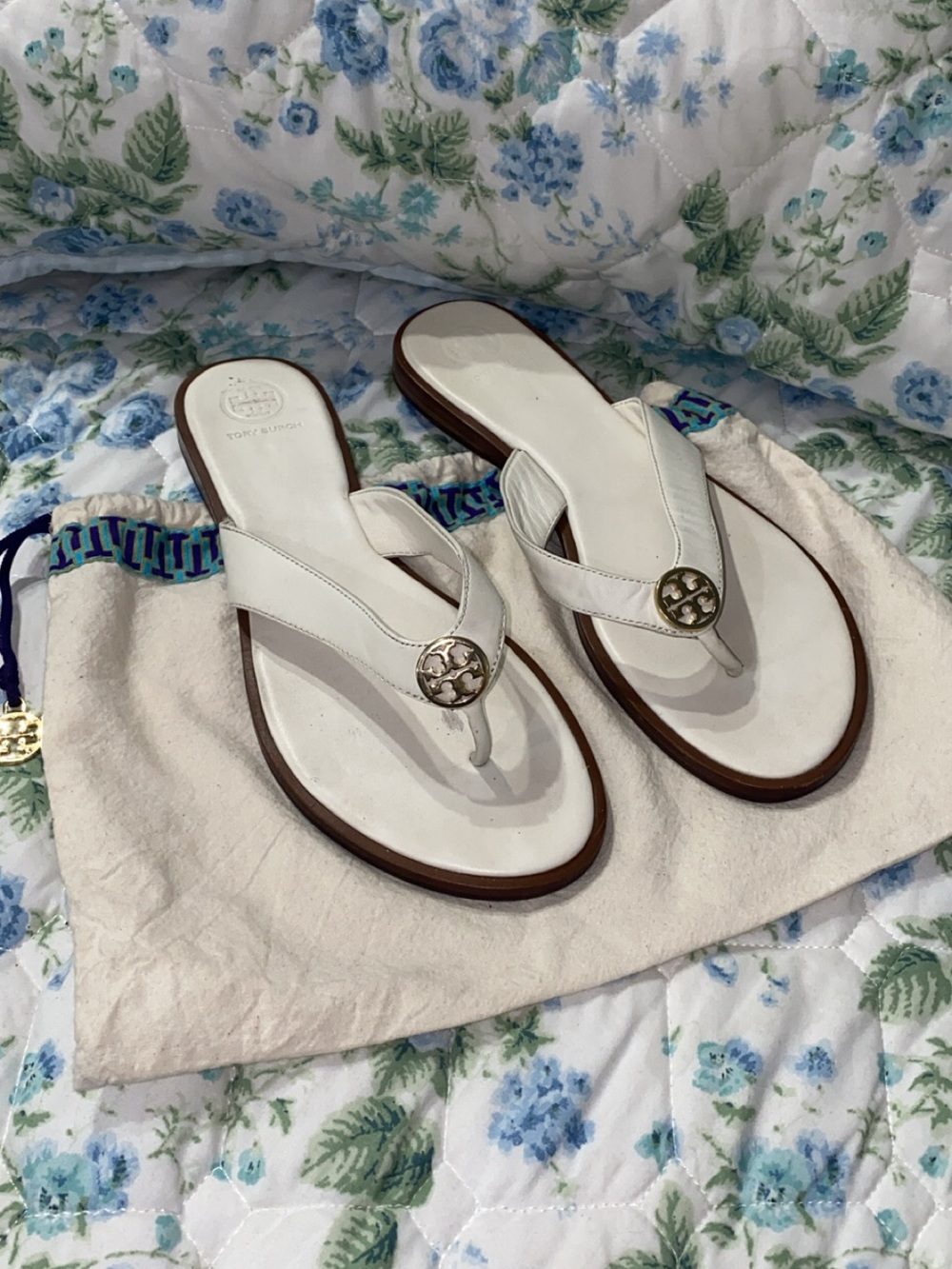 Tory Burch White Leather Logo Thong Sandals